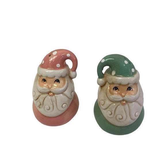 Johanna Parker Design Christmas Salt & Pepper Shaker Ceramic Pink Green Claus - Picture 1 of 3